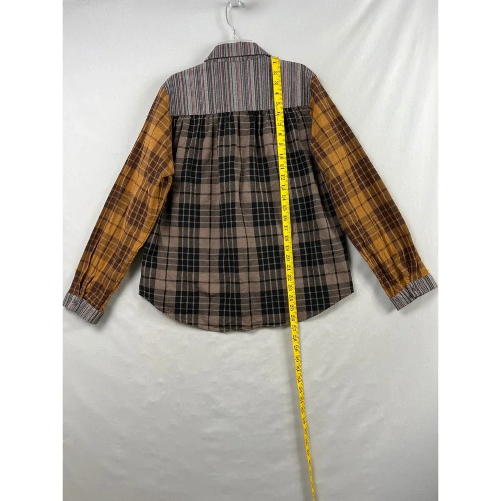 Savanna Jane Button Down Shirt Womens Medium Brown Plaid Patchwork Mixed Media - Picture 4 of 8